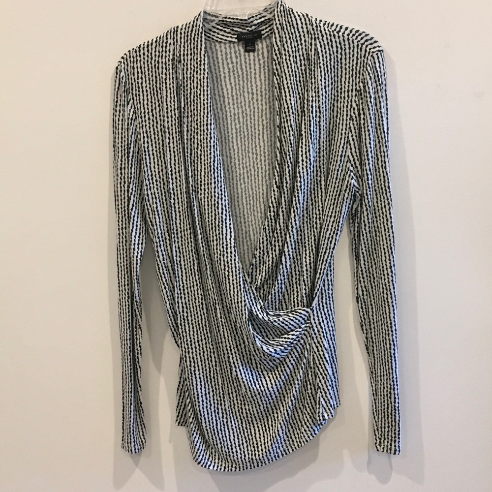 Ann Taylor Black and White Draped Surplice Long Sleeve Top